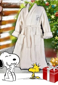 Pottery Barn Peanuts Robe Ivory Fleece FLUFFY Sz Small Snoopy & Woodstock NWOT - Picture 1 of 16