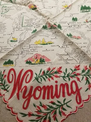 Vintage Hankie WYOMING State Travel Map Souvenir Red Handkerchief Hanky Hankie - Image 1 of 4