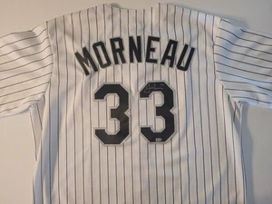 Autographed/Signed JUSTIN MORNEAU Rockies Pinstripe Baseball Jersey JSA COA - Picture 1 of 4