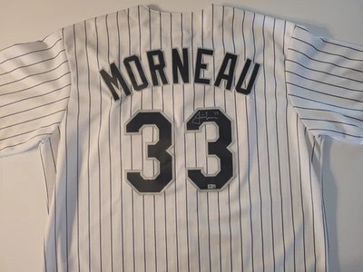 Autographed/Signed JUSTIN MORNEAU Rockies Pinstripe Baseball Jersey JSA COA - Image 1 of 4
