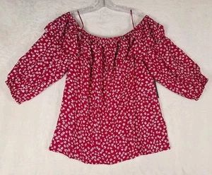 Vince Camuto Womens 1X Floral Top Berry Off Should Ruffle Neck NWT Boho Peasant - Picture 1 of 11