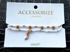  ACCESSORIZE, WHITE, GOLD BEADED STAR & MOON ANKLET, LOBSTER & EXT CHAIN. REF 09