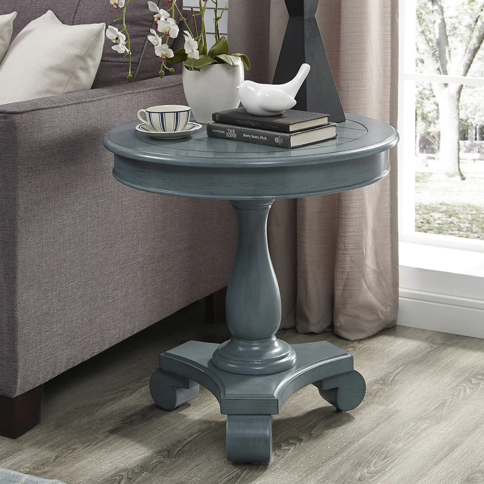 Rene Round Wood Pedestal Side Table, Teal - Image 1 of 1