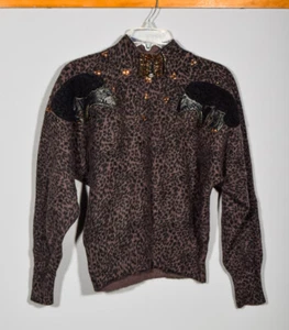 Vintage 80s Angora Wool Brown Embellished Animal Print Buffalo Sweater Sz S - Picture 1 of 4