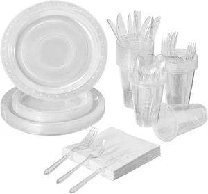 175 PCS Clear Party Supplies Disposable Dinnerware Set Plastic Plates and Paper - Picture 1 of 6