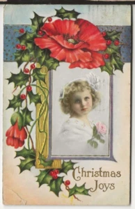 Vintage Postcard Christmas: Little Blond Girl with Flower, Holly, Flowers - Picture 1 of 2