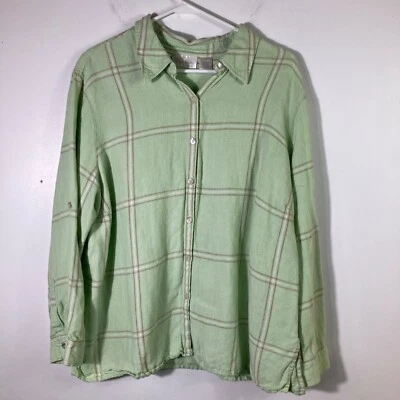Womens Studio Works Linen Plaid Button Shirt Long Sleeve Green Brown 2X - Image 1 of 4