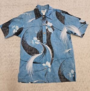 PEARL HAWAII Hawaiian Shirt Vintage Blue Black 1960s Size M L? Pullover Reverse 