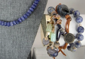 Blue Jadeite Bead Necklace Sodalite Quartz Bracelet Jadeite Earring 5 Piece Set - Picture 1 of 24