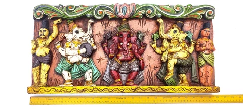 Three Lord Ganesh Postures two with Demi gods Temple Art Work Deep Hand Carving Cover