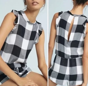 Anthropologie Cloth & Stone Buffalo Check Shorts Romper Black & White Size M - Picture 1 of 11