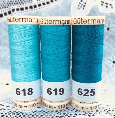 3 NEW different Aqua colors GUTERMANN 100% polyester thread 110 yard spools - Image 1 of 4