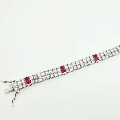 Double Row white gold finish Created Diamond and red ruby tennis bracelet  - Image 1 of 4