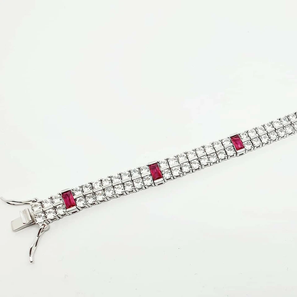 Double Row white gold finish Created Diamond and red ruby tennis bracelet  - Image 1 of 4
