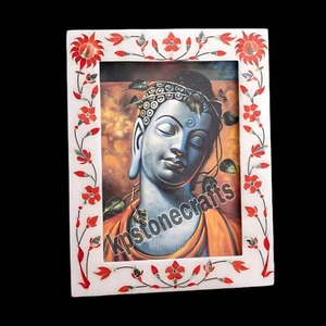 Handcrafted White Marble Photo Frame with Red Inlay Work | Semi-Precious Stone - Picture 1 of 7