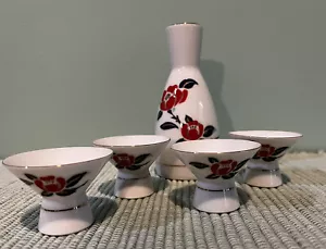 Vintage Tajimi Ozeki Sake Porzellan 5er Set Rot Roségold Zierleiste Japan - Bild 1 von 4