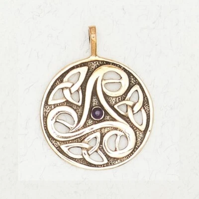 Celtic Triskel w/ Amethyst Bronze Medieval Irish Semi-Precious Gold Pendant - Image 1 of 2