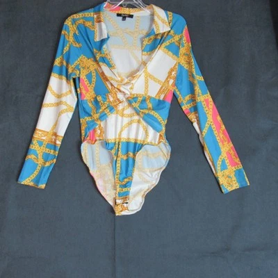 Impulsive Bodysuit Women L Multicolor Deep V-Neck Faux Wrap Gold Chains Clubbing Foto 1 de 4