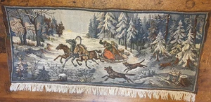 Large Tapestry Wall Hanging Picture Fringe Vintage Horse Dogs Woods Snow Cabin - Picture 1 of 14