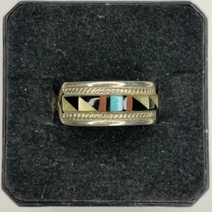 Anillo Vintage Plata de Ley 925 Zuni Turquesa Coral Perla Incrustación 1.8g Talla 6.5 - Imagen 1 de 3
