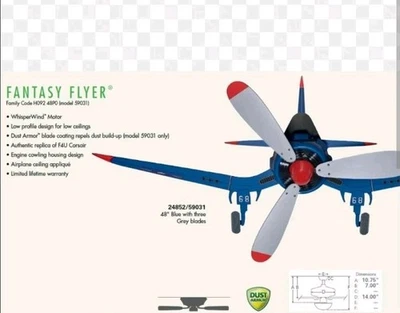 Corsair F4U Series 48" Ceiling Fan Hunter Fantasy Flyer 3 Blade WW2 Fighter - Image 1 of 4