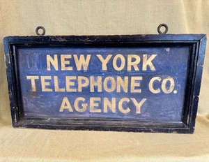 Anfang 1900’s New York Telefon doppelseitiges Holz blau Smaltz Schild, reflektierend - Bild 1 von 7