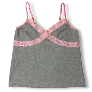 Y2K Crop Vintage Gray Victoria’s Secret Pink Lace Trim Cami Tank Baby Tee Fits M - Picture 1 of 4