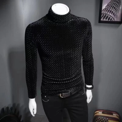 Mens Slim Velvet Turtle Neck Shirt Blouses Long sleeve Pullover Tops Business - Image 1 of 4