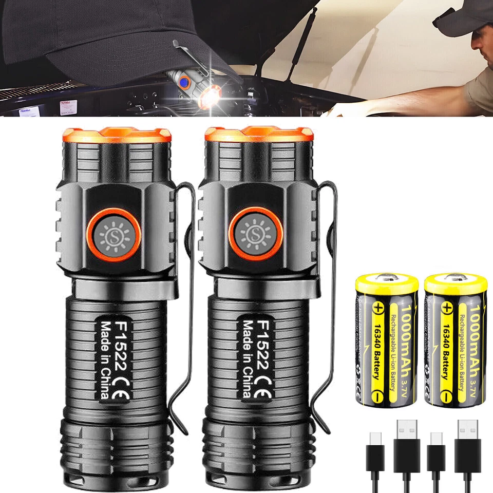 2X LED Rechargeable Mini Flashlight Magnetic EDC Pocket Torch Hat Light Headlamp - Image 1 of 4