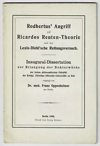 RODBERTUS' ANGRIFF AUF RICARDOS RENTEN-THEORIE by Franz Oppenheimer - Economics - Foto 1 di 1