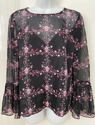 Blusa Top Zac Posen Negra Seda Floral Manga Campana Talla 4 Diseñador Foto 1 de 4