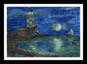 Faro de luna nocturna pintura de paisaje marino arte original impresionista estampado firmado - Imagen 1 de 9