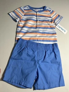 Carters Baby Junge 2 Stück SS Fisch Shirt/Streifen blau Baumwolle Shorts Größe 18 M neu mit Etikett - Bild 1 von 3