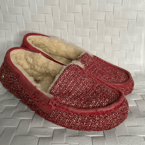 Pantofole UGG donna taglia 8 rosso argento tweed Ansley scarpe mocassino fantasia