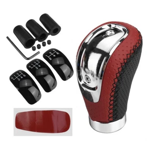 5 6 Speed 3 Cap Manual Gear Shift Knob Shifter Stick Lever Black Red PU Leather - Picture 1 of 16