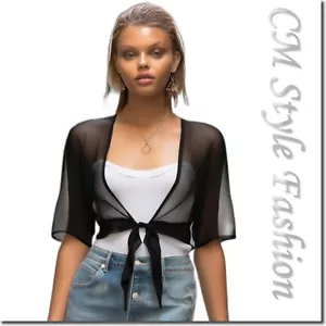 Gossamer Diaphanous Front Tie Cropped Cardigan Shrug Top Black M - Picture 1 of 7