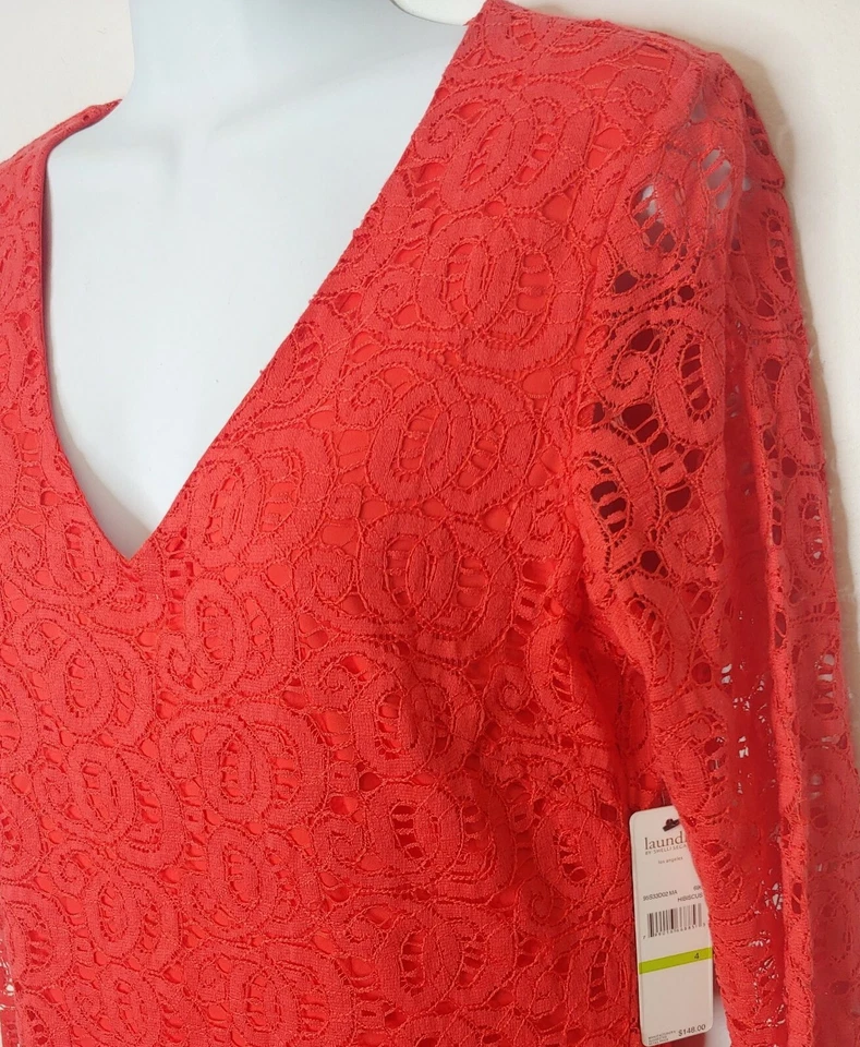 NWT Laundry By Shelli Segal Dress Women 4 All Over Lace Orange L/S Vneck Mini - Image 1 of 4