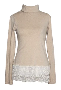 SUNDANCE XS Top Beige Turtleneck Long Sleeve Scalloped Lace Trim Cotton Oatmeal - Picture 1 of 4