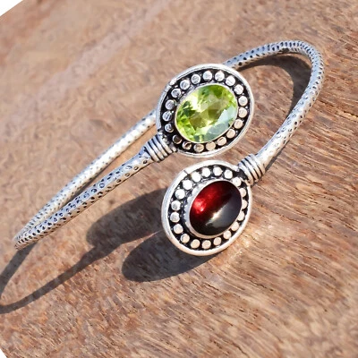 Mozambique Garnet & Faceted Peridot Gemstone 925 Sterling Silver Bangle Cuff - Image 1 of 4