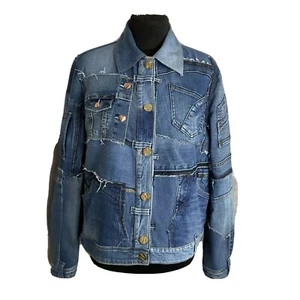 Patchwork denim blue jacket size M, Boro jacket from recycled distressed jeans - Picture 1 of 13