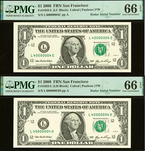 2006 $1 San Francisco FRN PMG 66EPQ rare 2 super radar serial number 4000004 - Picture 1 of 6