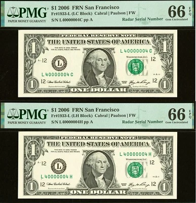 2006 $1 San Francisco FRN PMG 66EPQ rare 2 super radar serial number 4000004 - Image 1 of 4