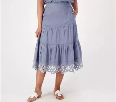 Isaac Mizrahi Live! Falda en capas LP azul bordado dobladillo mezcla algodón boho Foto 1 de 4