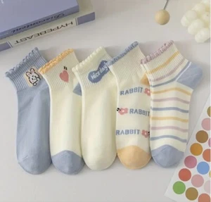 Women's Cute Bunnies Hearts Stripe Pattern Ankle Socks Fashion Sock Set Of 5 - Picture 1 of 2