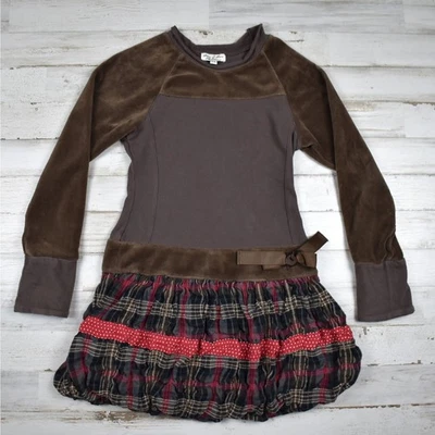 Boutique Elaine et Lena Vestido Marrón Terciopelo y Algodón Cuadros Niña Talla 5 Boho Foto 1 de 4