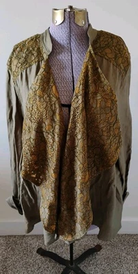 LOGO Lori Goldstein Jacket Womens 14 Army Green Lace Open Flowy Lagenlook Boho - Image 1 of 4