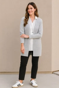 Chico's Cable Stitch Open Front Cardigan Sweater Gray Wool Cashmere Size 1 US M - Picture 1 of 13