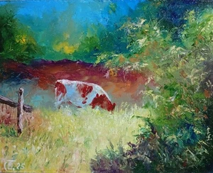 Gemälde "Landschaft mit einer Kuh". Öl auf Hartfaserplatte. 8x10 inkl. Handarbeit. 2025. - Bild 1 von 1