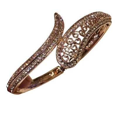 18K Rose Gold Plated Bridal Bracelet Crystal Bangle Glitz Ornate High End Sz 7 - Image 1 of 4