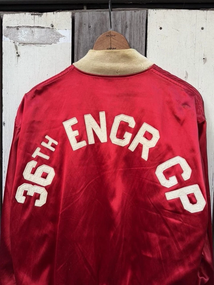 Vintage 40s 50s Military Satin Silk Bomber 46 Red Large Army Jacket Felt Letters - Image 1 of 4